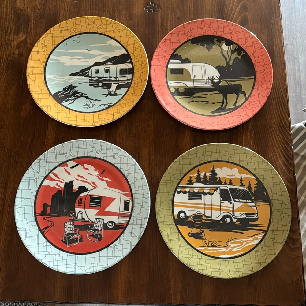 Camp Casual set of four dinner plates. Retro camping design colorful. Melamine.